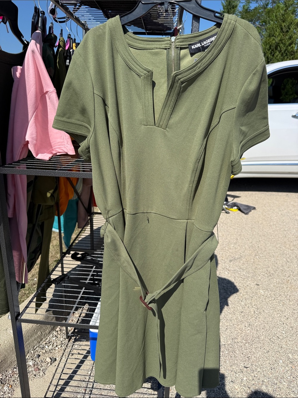 Karl Lagerfeld Olive Green Belted Short Sleeve Dress